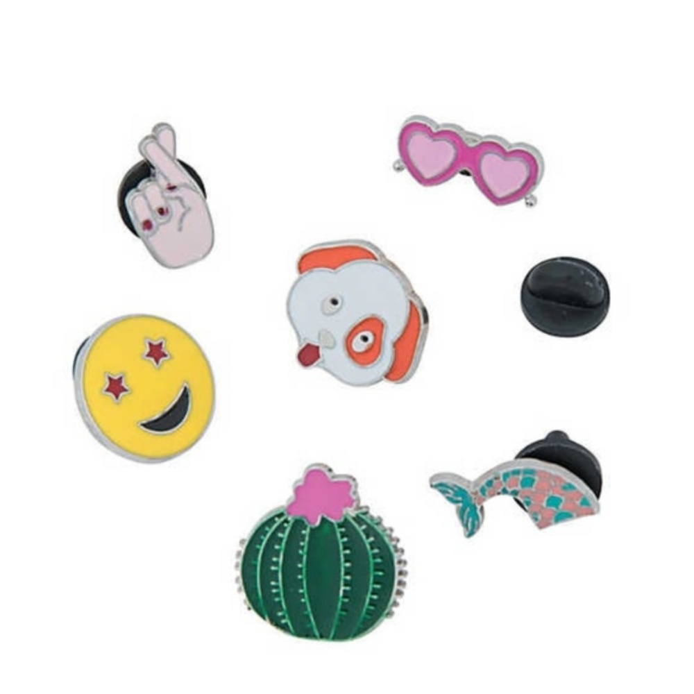 2 LEFT Set of 6 Fun Enamel Emoji Pins 💗🤞🐶🤩🌵🧜